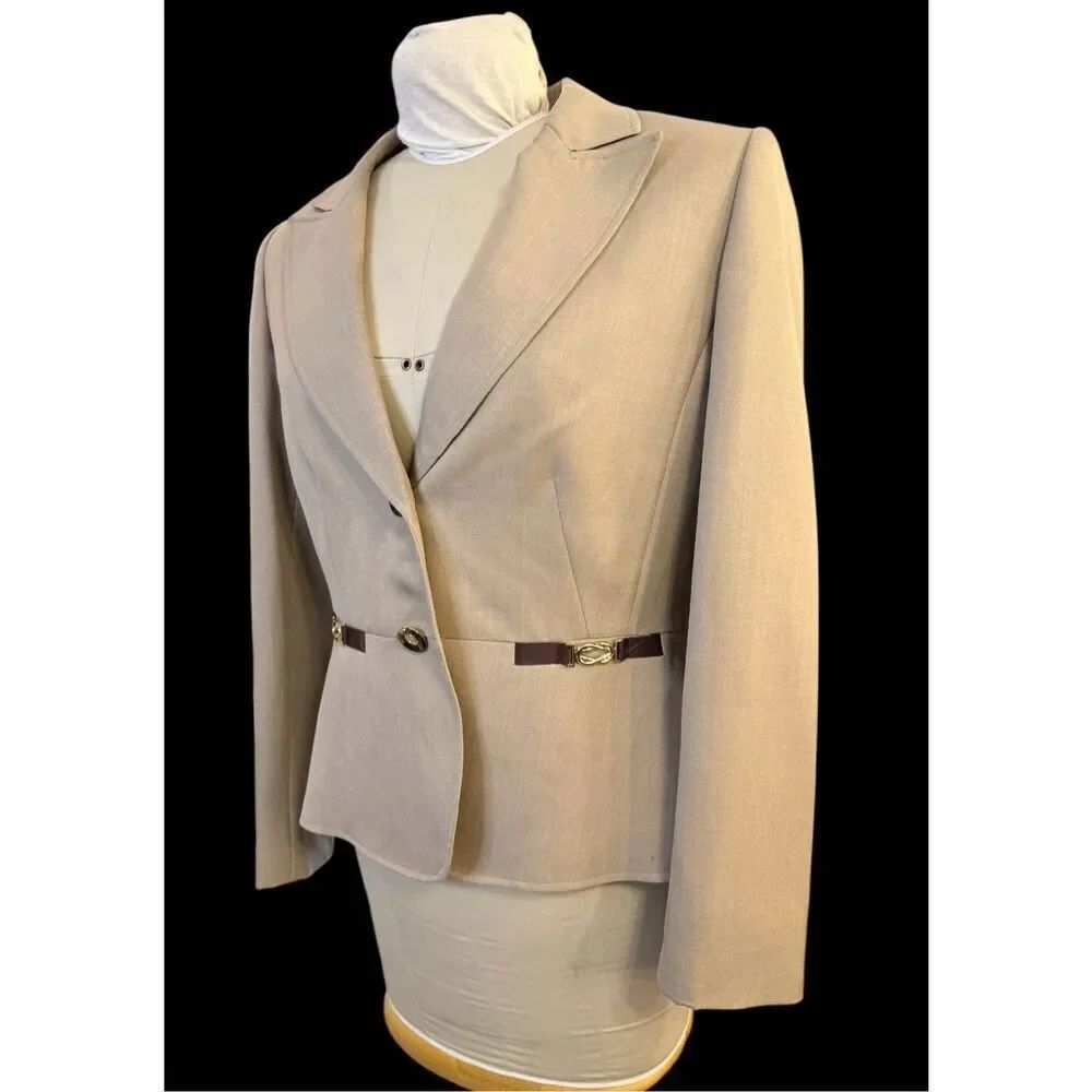 TAHARI Brown Tan Wool Belt Detail 2-Button Blazer Sz. 12 Career Professional - Picture 4 of 16